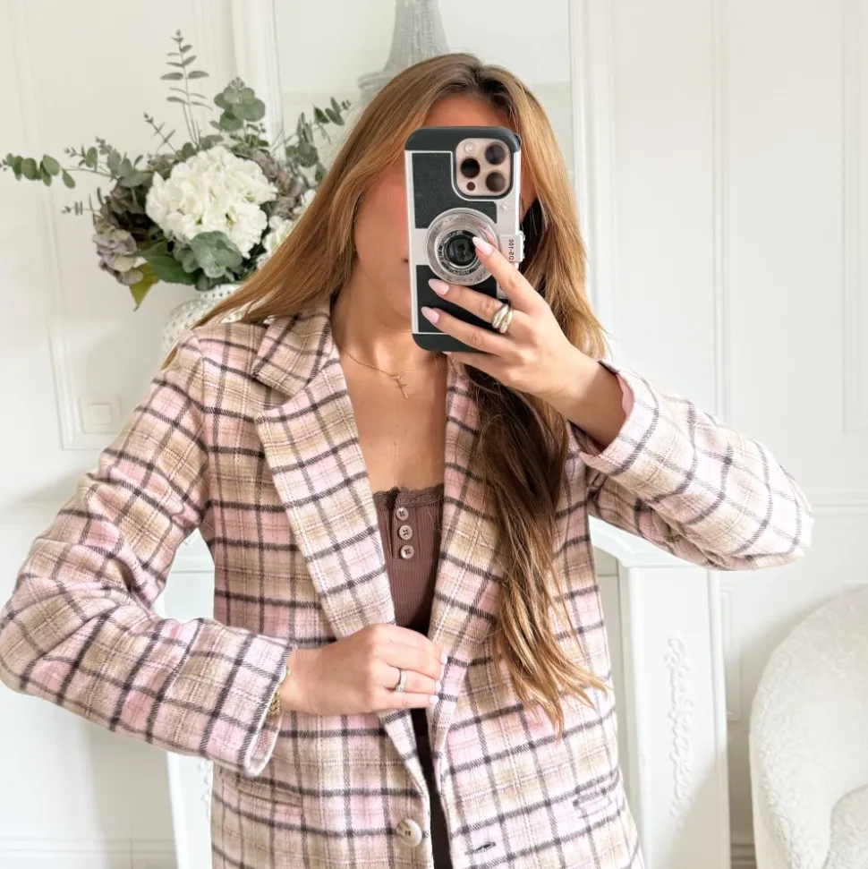 BLAZER ROSE À CARREAUX