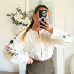 BLOUSE BEIGE MANCHES FLEURIES