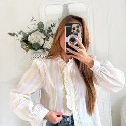 BLOUSE BLANCHE RAYURES PINK ET JAUNE