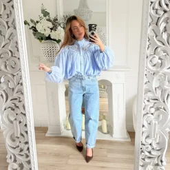 BLOUSE BLEUE RAYURES EFFET BOULE