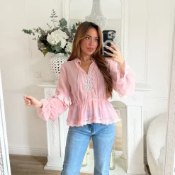 BLOUSE ROSE BRODERIE TRANSPARENCE