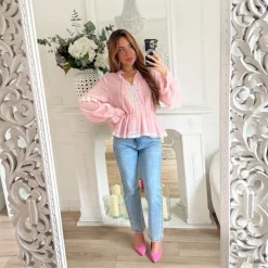 BLOUSE ROSE BRODERIE TRANSPARENCE