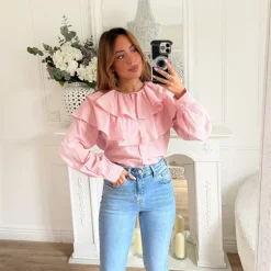 BLOUSE VOLANTS ROSE RAYURES