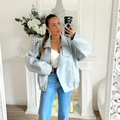 BOMBERS SIMILI CUIR BLEU CIEL