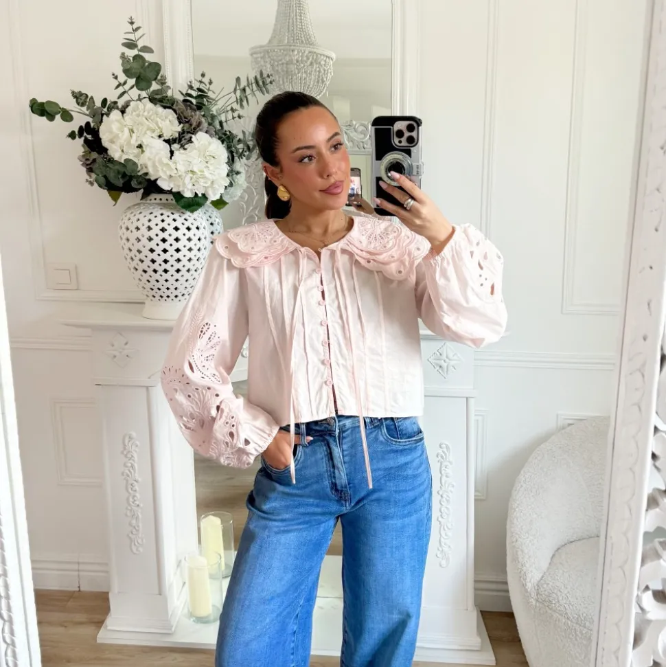 CHEMISIER ROSE PASTEL COL BRODERIE