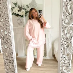 ENSEMBLE PANTALON PULL DENTELLE ROSE PASTEL ROSALIE