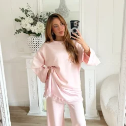 ENSEMBLE PANTALON PULL DENTELLE ROSE PASTEL ROSALIE