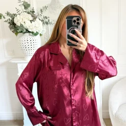 ENSEMBLE PYJAMA SATIN BURGUNDY COEURS