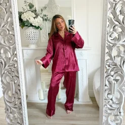ENSEMBLE PYJAMA SATIN BURGUNDY COEURS