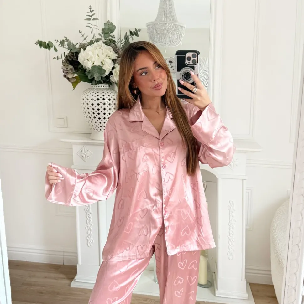 ENSEMBLE PYJAMA SATIN PINK COEURS