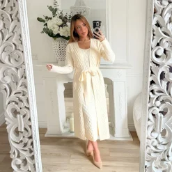 ENSEMBLE ROBE ET GILET BEIGE TORSADÉ