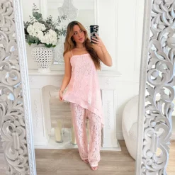 ENSEMBLE TOP PANTALON PINK DENTELLE