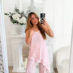 ENSEMBLE TOP PANTALON PINK DENTELLE