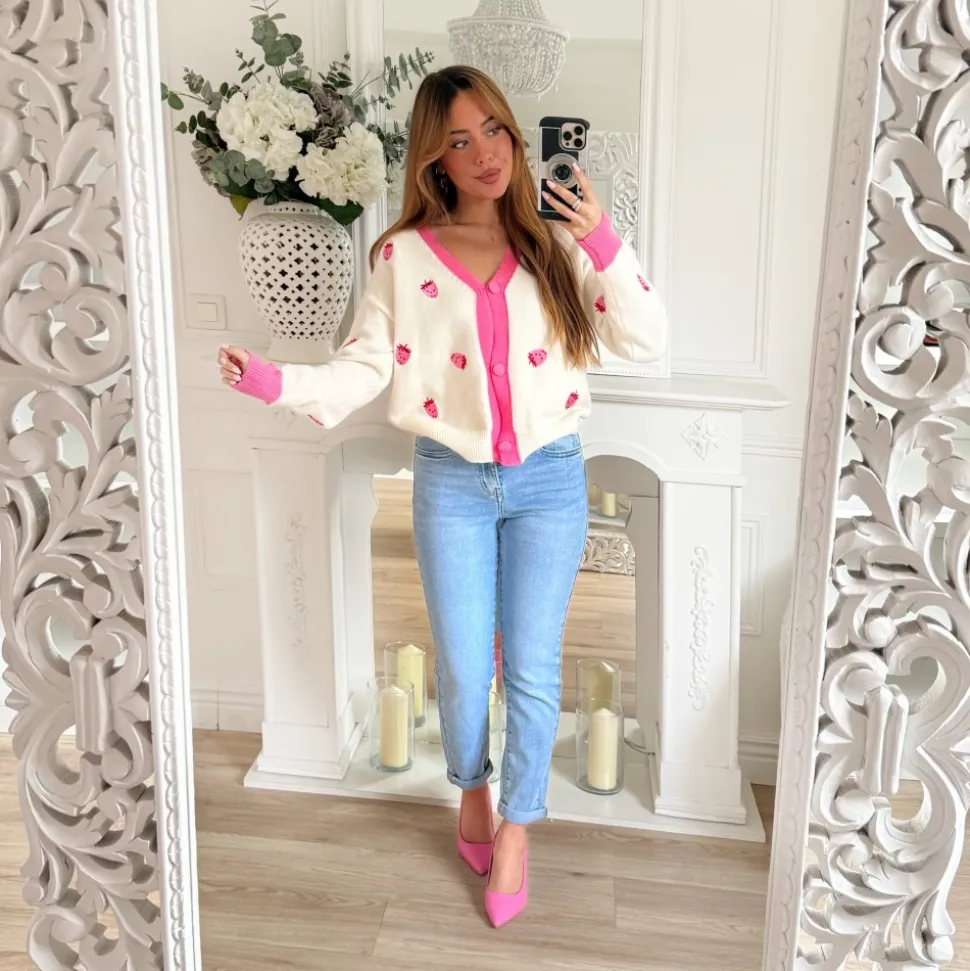 GILET BLANC ET ROSE FRAISES