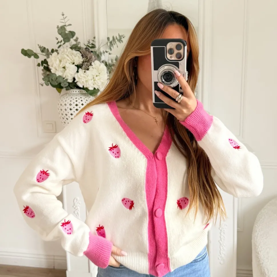 GILET BLANC ET ROSE FRAISES