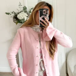 GILET ROSE BOUTONS PERLES TOUT DOUX