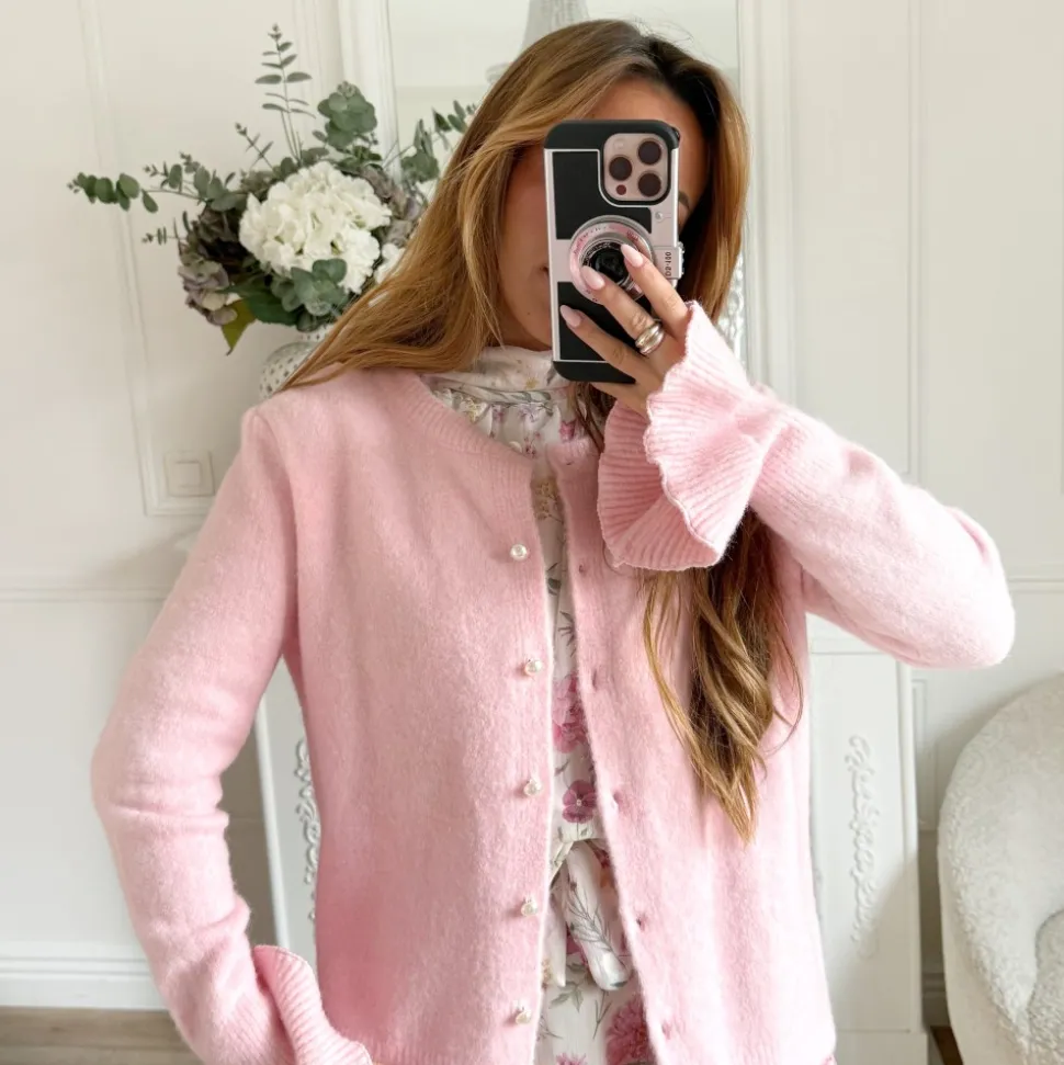 GILET ROSE BOUTONS PERLES TOUT DOUX