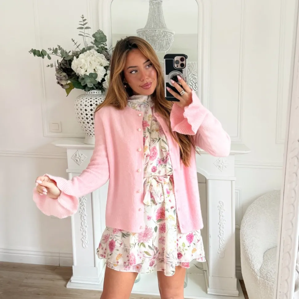 GILET ROSE BOUTONS PERLES TOUT DOUX