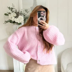 GILET ROSE MAILLE CÔTELÉE ORIANE