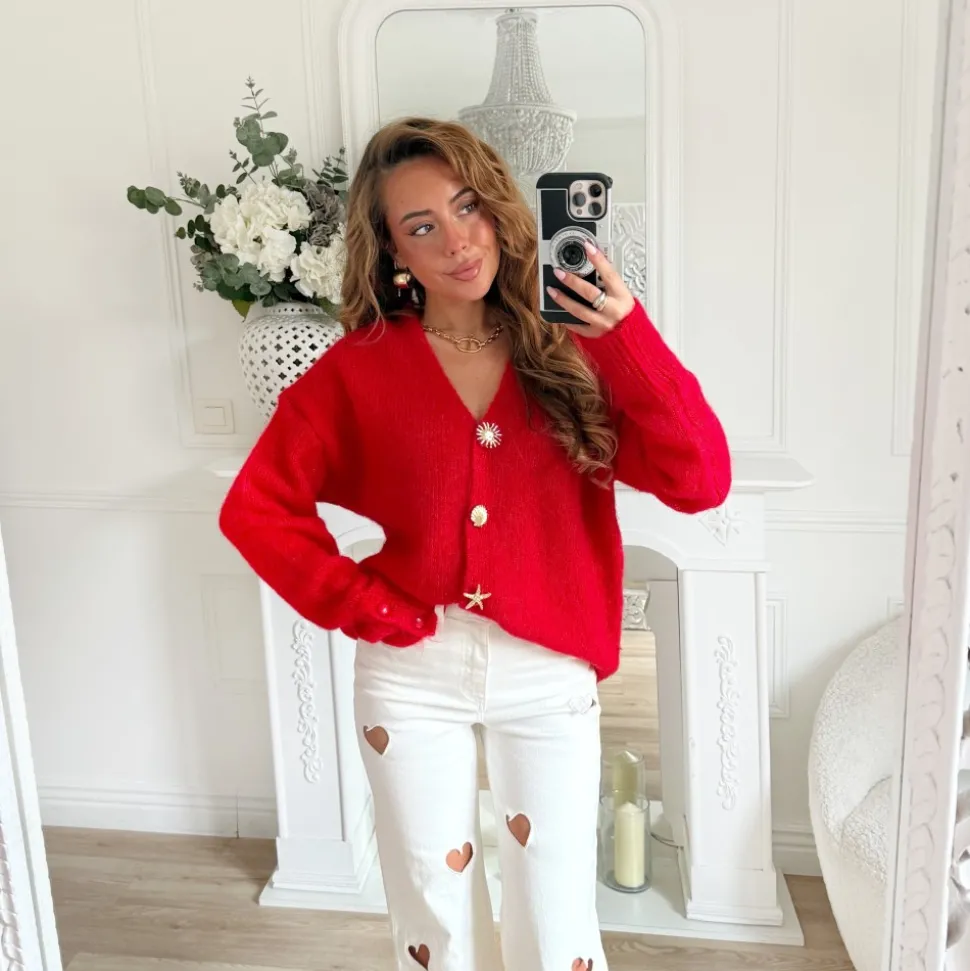 GILET ROUGE BOUTONS BIJOUX