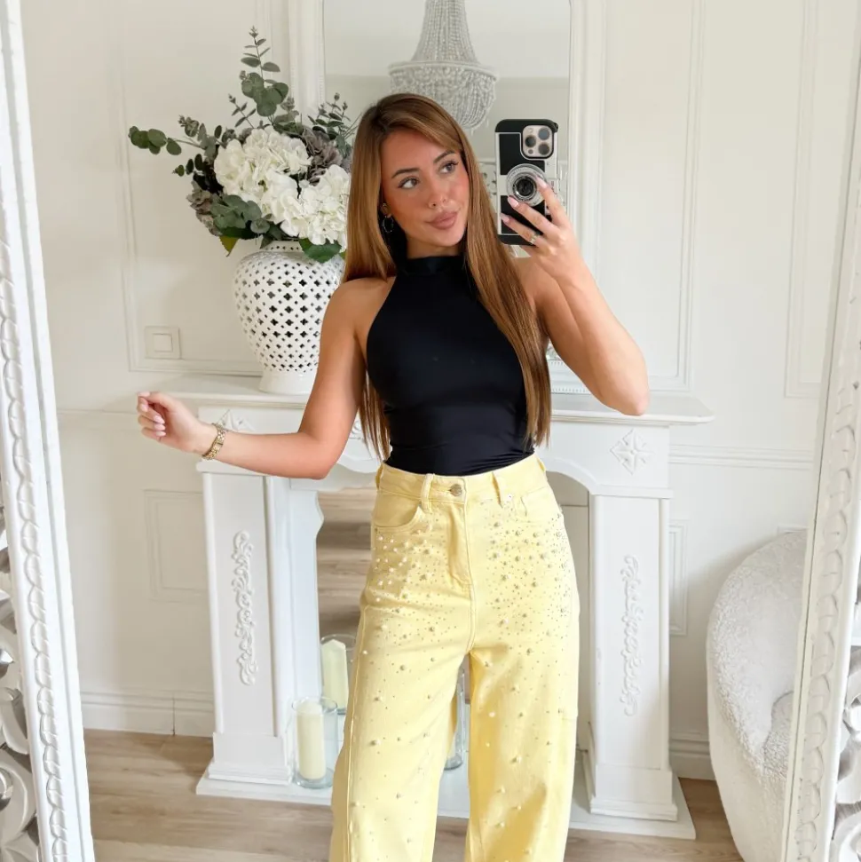 JEAN JAUNE PASTEL BARREL STRASS ET PERLES