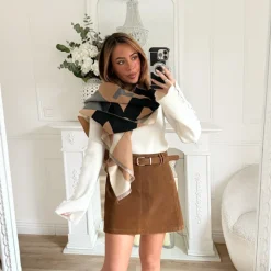 JUPE CAMEL ASPECT DAIM AVEC CEINTURE LOUISA