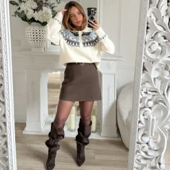 JUPE SHORT CHOCO CHINÉ AVEC CEINTURE ANNABELLE