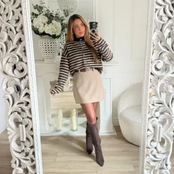 JUPE TAUPE AVEC CEINTURE CUIR ELIA