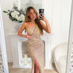 LONGUE ROBE ASYMÉTRIQUE ROSE GOLD SEQUINS