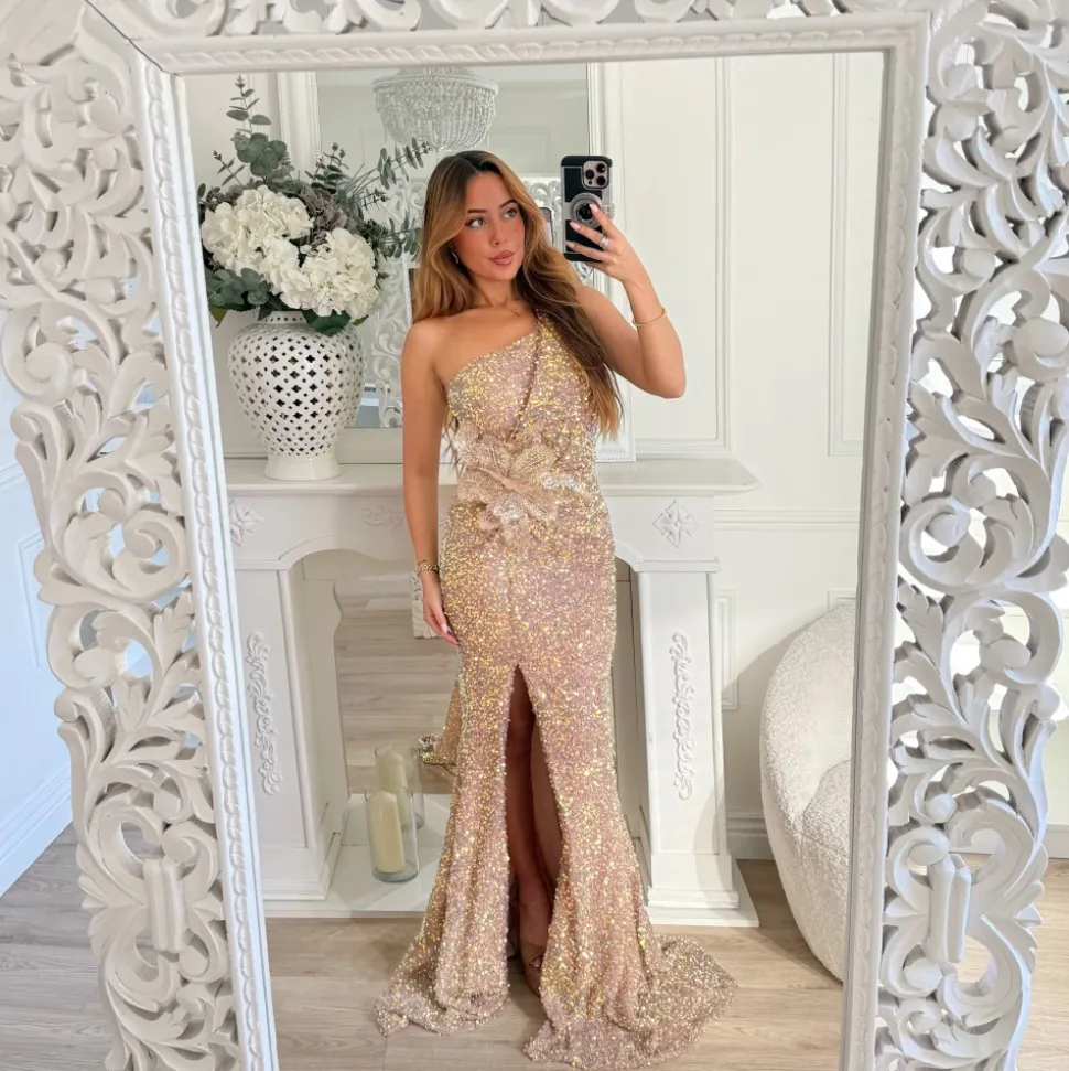LONGUE ROBE ASYMÉTRIQUE ROSE GOLD SEQUINS