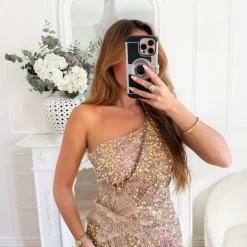 LONGUE ROBE ASYMÉTRIQUE ROSE GOLD SEQUINS