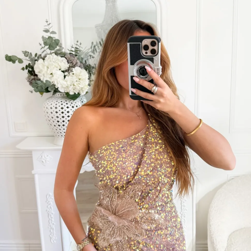 LONGUE ROBE ASYMÉTRIQUE ROSE GOLD SEQUINS