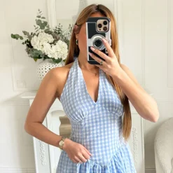 LONGUE ROBE DOS NU BLEUE VICHY