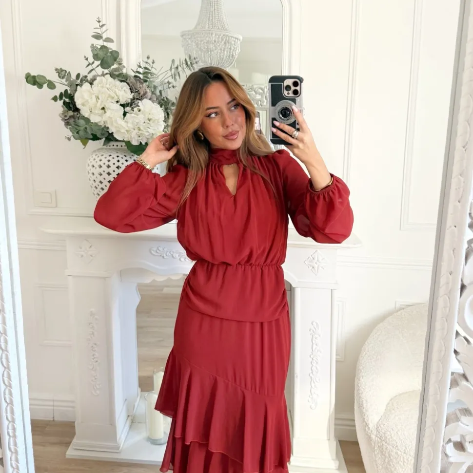 LONGUE ROBE EN VOILE VOLANTS TERRACOTA