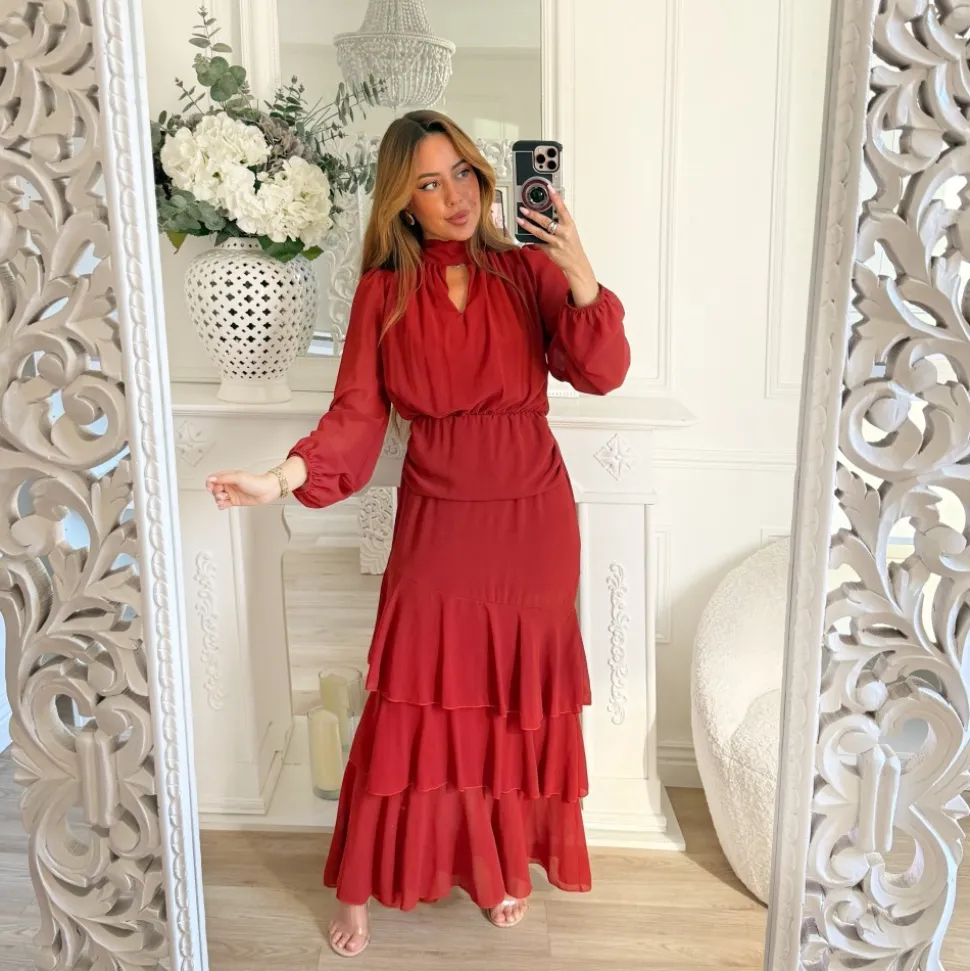 LONGUE ROBE EN VOILE VOLANTS TERRACOTA