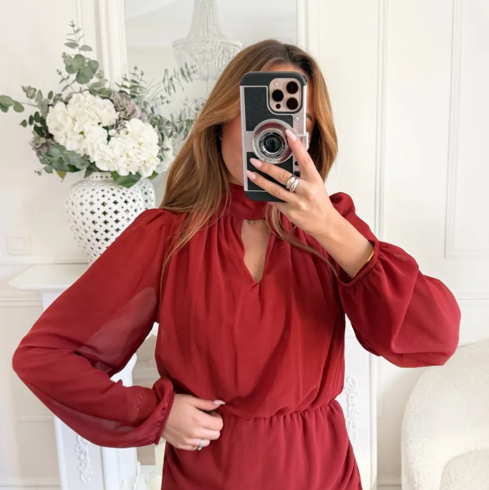 LONGUE ROBE EN VOILE VOLANTS TERRACOTA