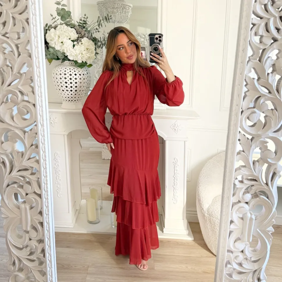 LONGUE ROBE EN VOILE VOLANTS TERRACOTA