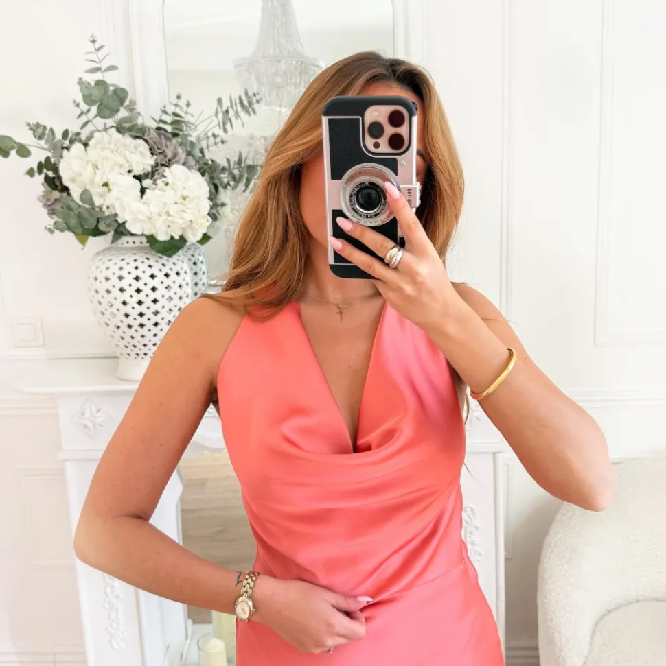 LONGUE ROBE SATIN CORAIL DOS NU