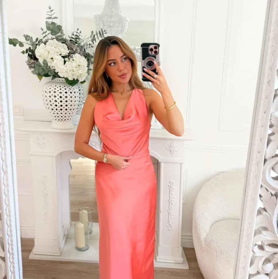 LONGUE ROBE SATIN CORAIL DOS NU