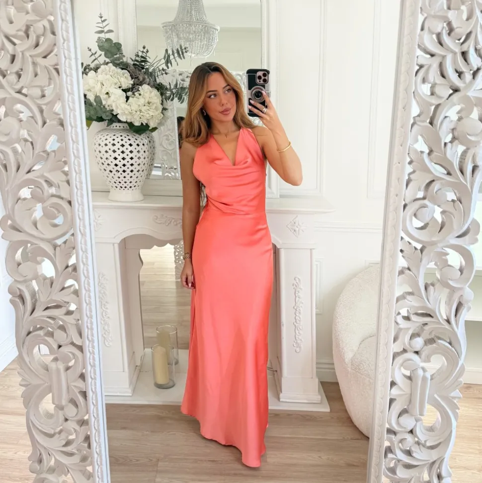 LONGUE ROBE SATIN CORAIL DOS NU