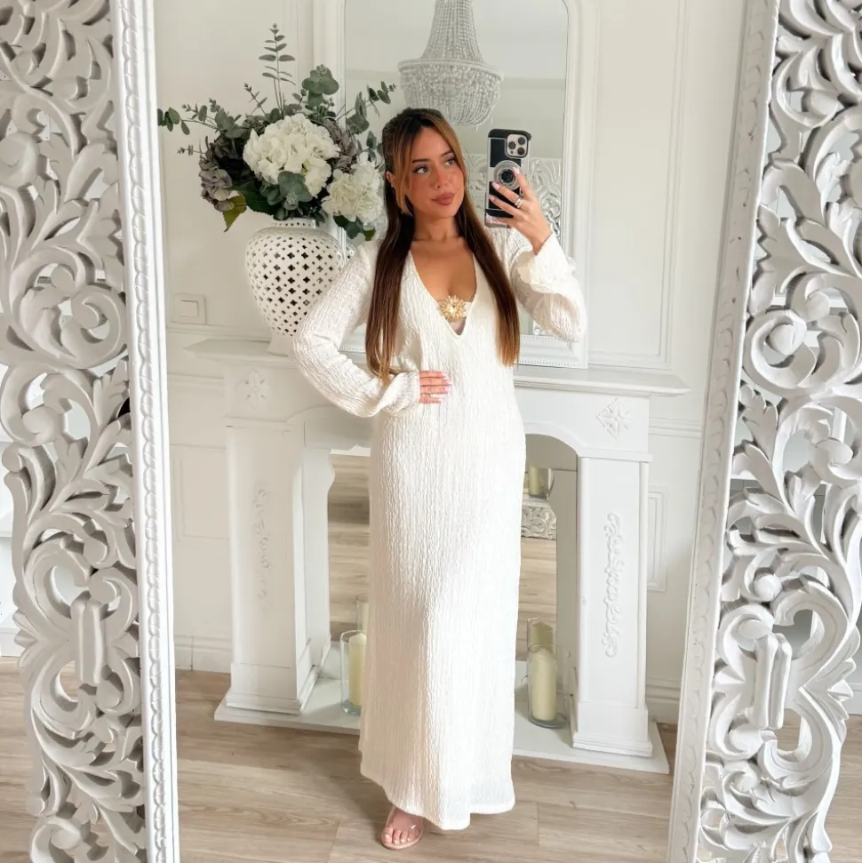 LONGUE ROBE TEXTURÉE BEIGE BIJOU SOLEIL DORÉ