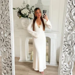 LONGUE ROBE TEXTURÉE BEIGE BIJOU SOLEIL DORÉ