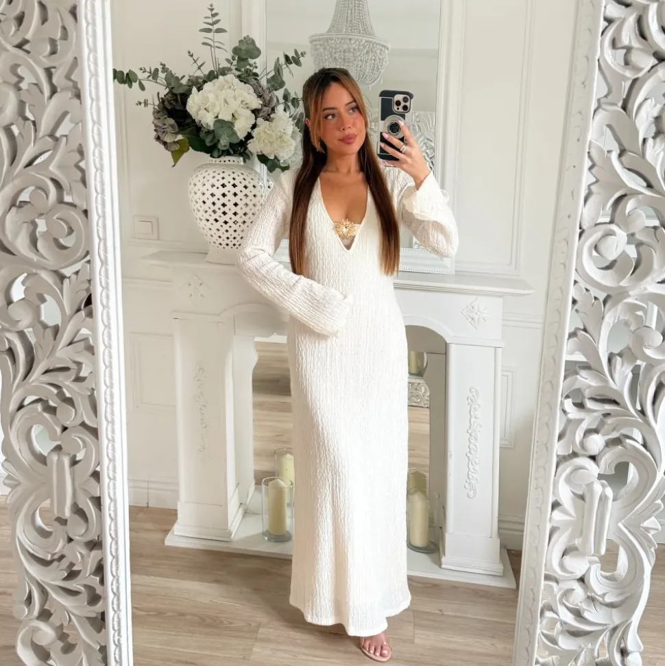 LONGUE ROBE TEXTURÉE BEIGE BIJOU SOLEIL DORÉ