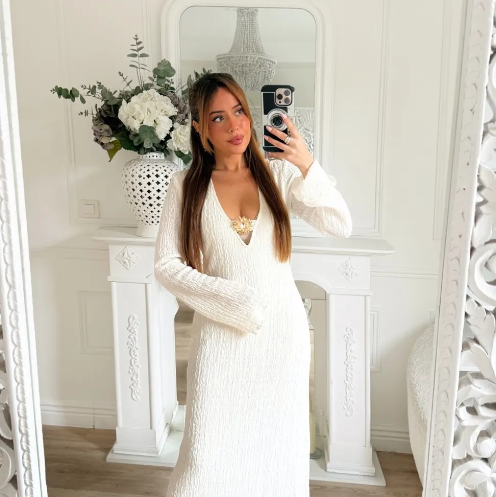 LONGUE ROBE TEXTURÉE BEIGE BIJOU SOLEIL DORÉ