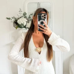 LONGUE ROBE TEXTURÉE BEIGE BIJOU SOLEIL DORÉ