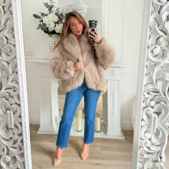 MANTEAU FOURRURE TAUPE À CAPUCHE AURORE