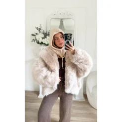 MANTEAU FOURRURE TAUPE EMMY AVEC CAPUCHE