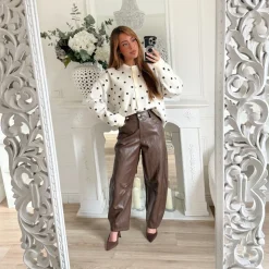 PANTALON BARREL SIMILI CUIR CHOCO