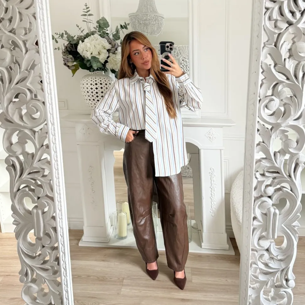 PANTALON BARREL SIMILI CUIR CHOCO