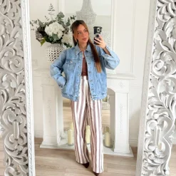 PANTALON EN LIN BEIGE RAYURES CHOCO